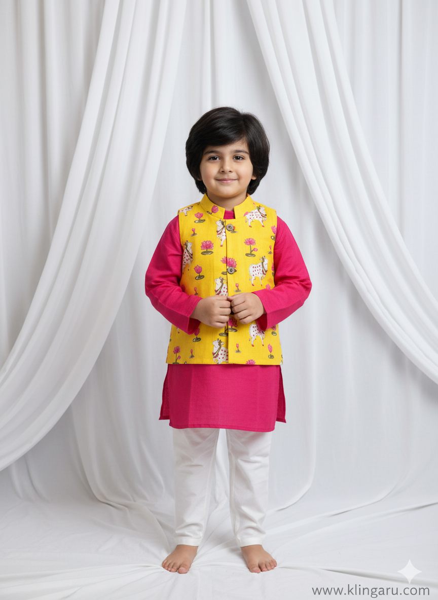 Klingaru Long Kurta Pajama Jacket Set- Pink with Yellow Pichwai Jacket