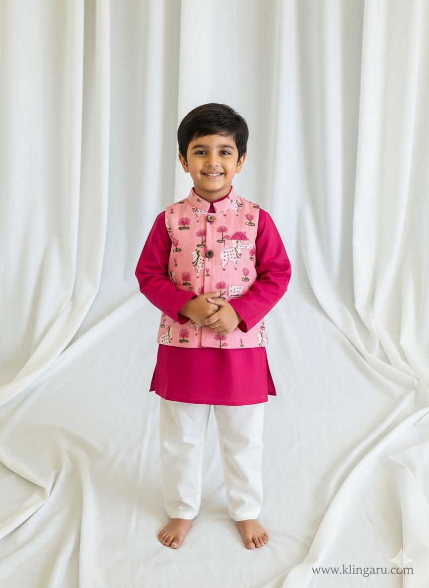 Klingaru Long Kurta Pajama Jacket Set- Dark Pink with Pink Pichwai Jacket