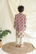 Charger l'image dans la galerie, Klingaru Long Kurta Pajama Jacket Set- Beige Red Blue Printed
