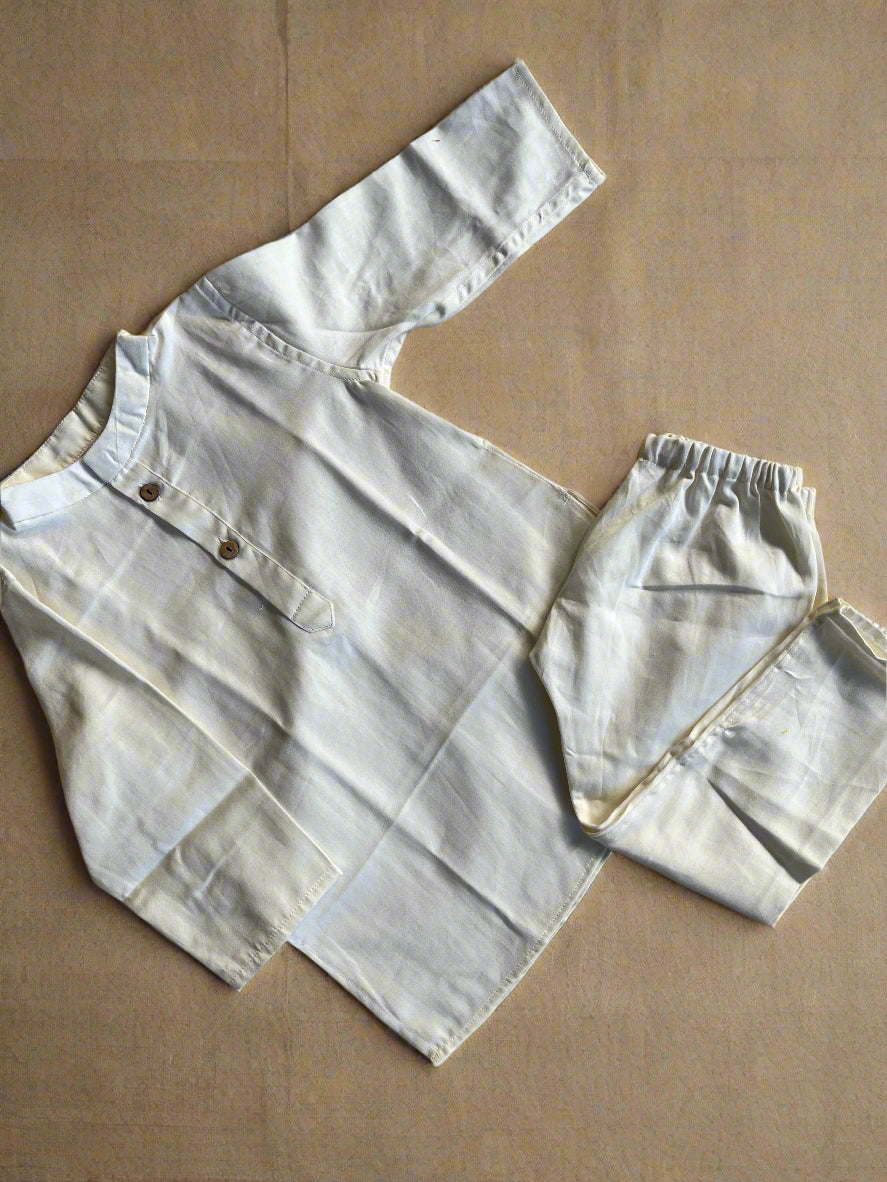 Klingaru Long Kurta with Pajama set - Offwhite glaze cotton