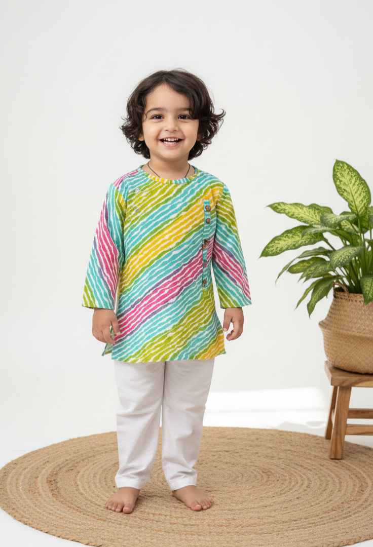 Klingaru Long Kurta Pajama Set  - Multicolor Lehariya ( last piece )  ( 9-10 Years)