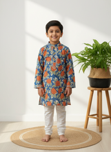 Charger l&#39;image dans la galerie, Klingaru Festive Long Kurta - Blue with Rust Flowers

