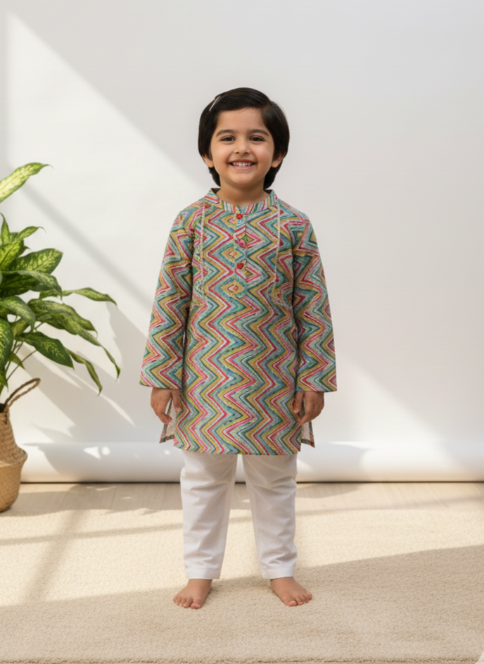 Klingaru  Festive Long Kurta -  Blue with Pink Zig Zag