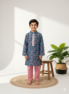 Klingaru Long Kurta and Pajama- Blue with Pink Flowers (PRE-ORDER)