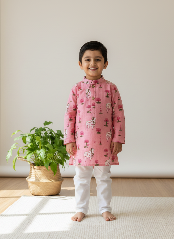 Klingaru Long Kurta - Pink Pichwai Long Kurta and Pajama