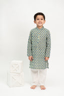 Klingaru Long Kurta Pajama Set  - Blue Green Booti  ( Last Peices )