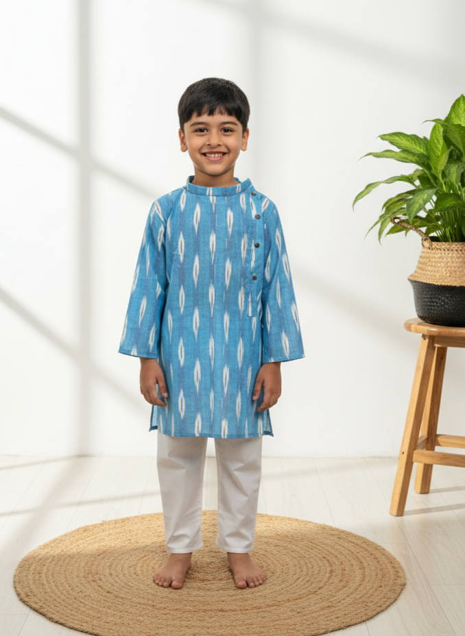 Klingaru Long Kurta - Sky Blue Ikat