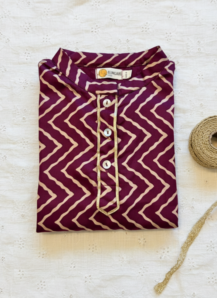 Klingaru  Festive Long Kurta -  Wine Zig Zag with Lace Detailing