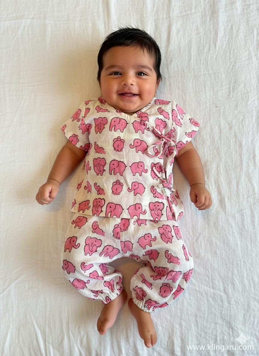 Unisex Newborn Jhabla Set -  Offwhite Pink Ellie  (0-4 Months)
