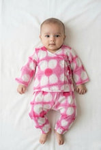 Charger l'image dans la galerie, Baby wearing a Jhabla  set with hearts  printed on Pink Shibori  background, pure cotton print and extremely soft on babys skin 
