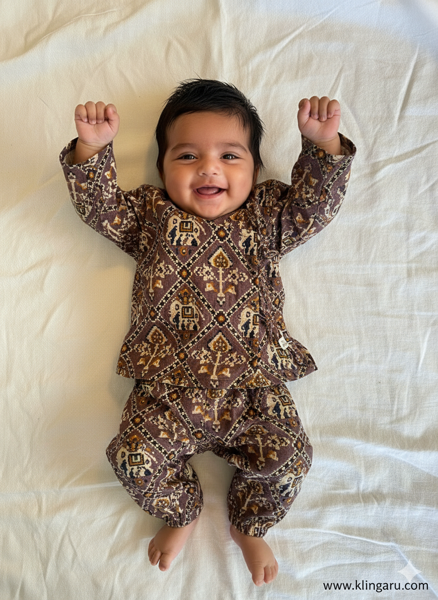 Unisex Newborn Jhabla Set - Wine Patola Glaze Cotton  (0-4 Months)
