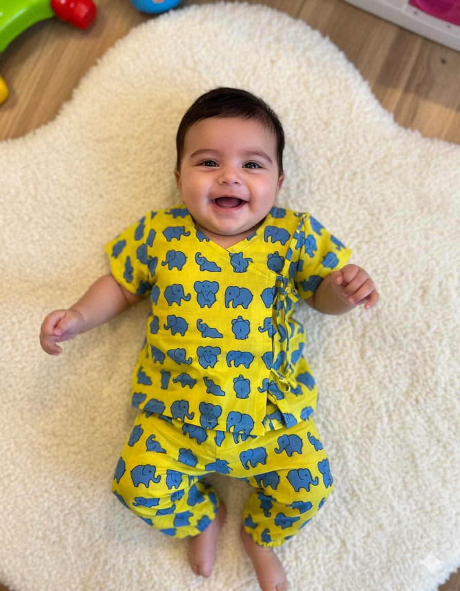 Unisex Newborn Jhabla Set -  Yellow Blue (0-4 Months)