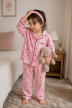 Load image into Gallery viewer, Pink Stripes with Red Hearts Cotton Night Suit for Girls
