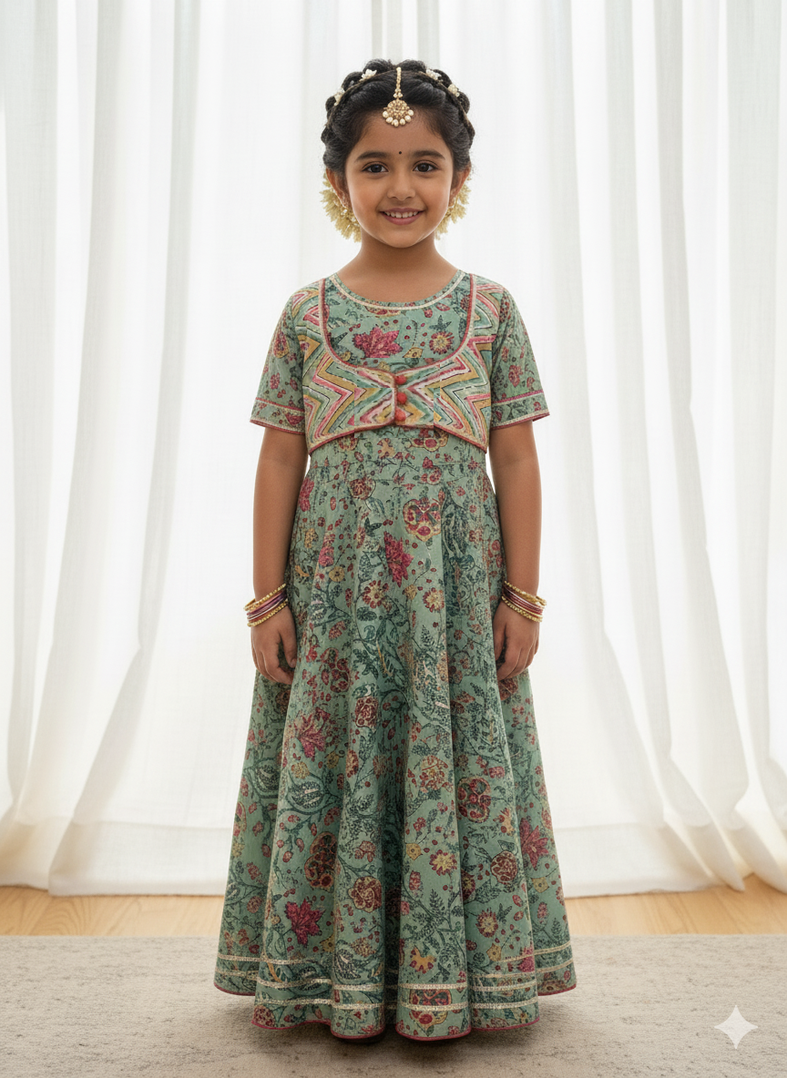 Klingaru Girls Ethnic Wear - Blue Floral Dress with Gota Work