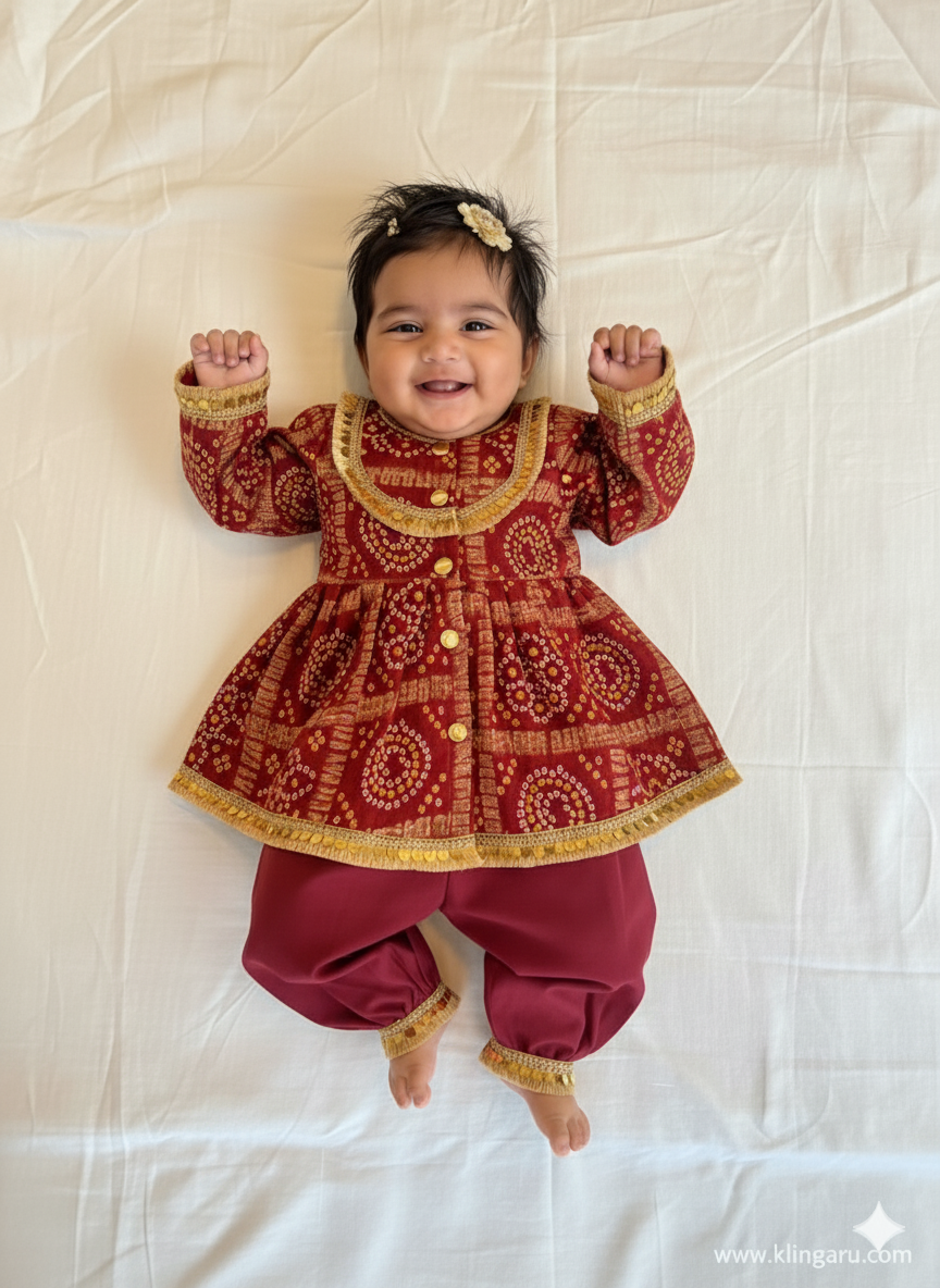 Newborn Jhabla Set with Gota work- Red Set for Girls  (0-4 Months) - (PRE-ORDER)