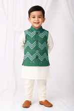 Load image into Gallery viewer, Klingaru Long Kurta Pajama Jacket Set- Offwhite with Green Waves Jacket
