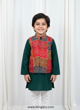 Load image into Gallery viewer, Klingaru Long Kurta Pajama Jacket Set- Green with Multicoloured Bandhej Jacket
