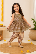 Olive Green Tulip Kurta with Tulip Pant Set for Girls | Festive Wear for Kids