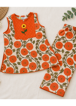 Charger l'image dans la galerie, Orange Floral Cotton Kurta Set for Girls with Hand Embroidered Panel &amp; Pants | Klingaru
