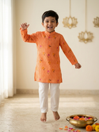 Orange Gingham Kurta Pajama Set for Boys | Kids Festive & Ethnic Wear