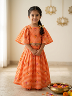 Orange Gingham Lehenga Choli for Girls | Festive Ethnic Wear