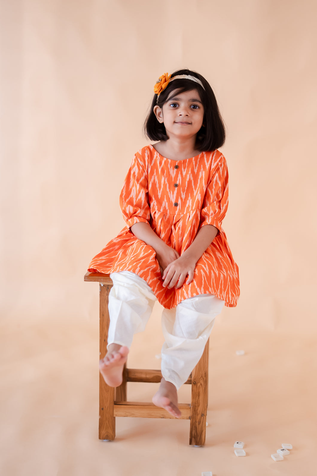 Klingaru Girl Dhoti Set - Orange with Offwhite Ikat