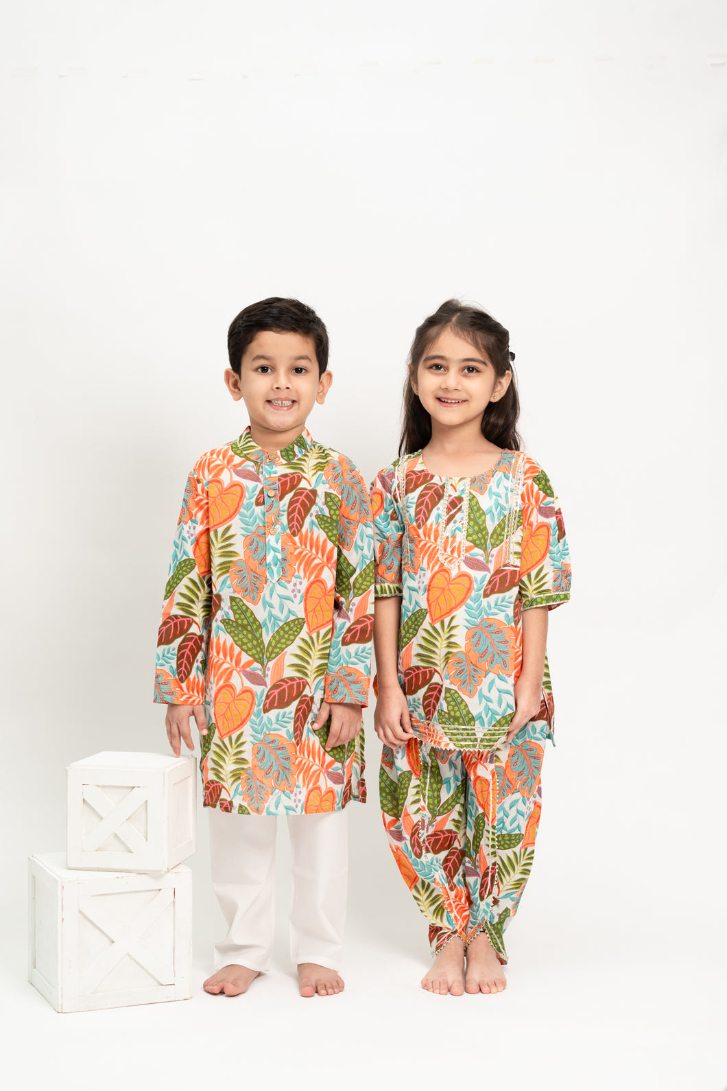 Klingaru Sibling Set - Green Orange with Gota lace work