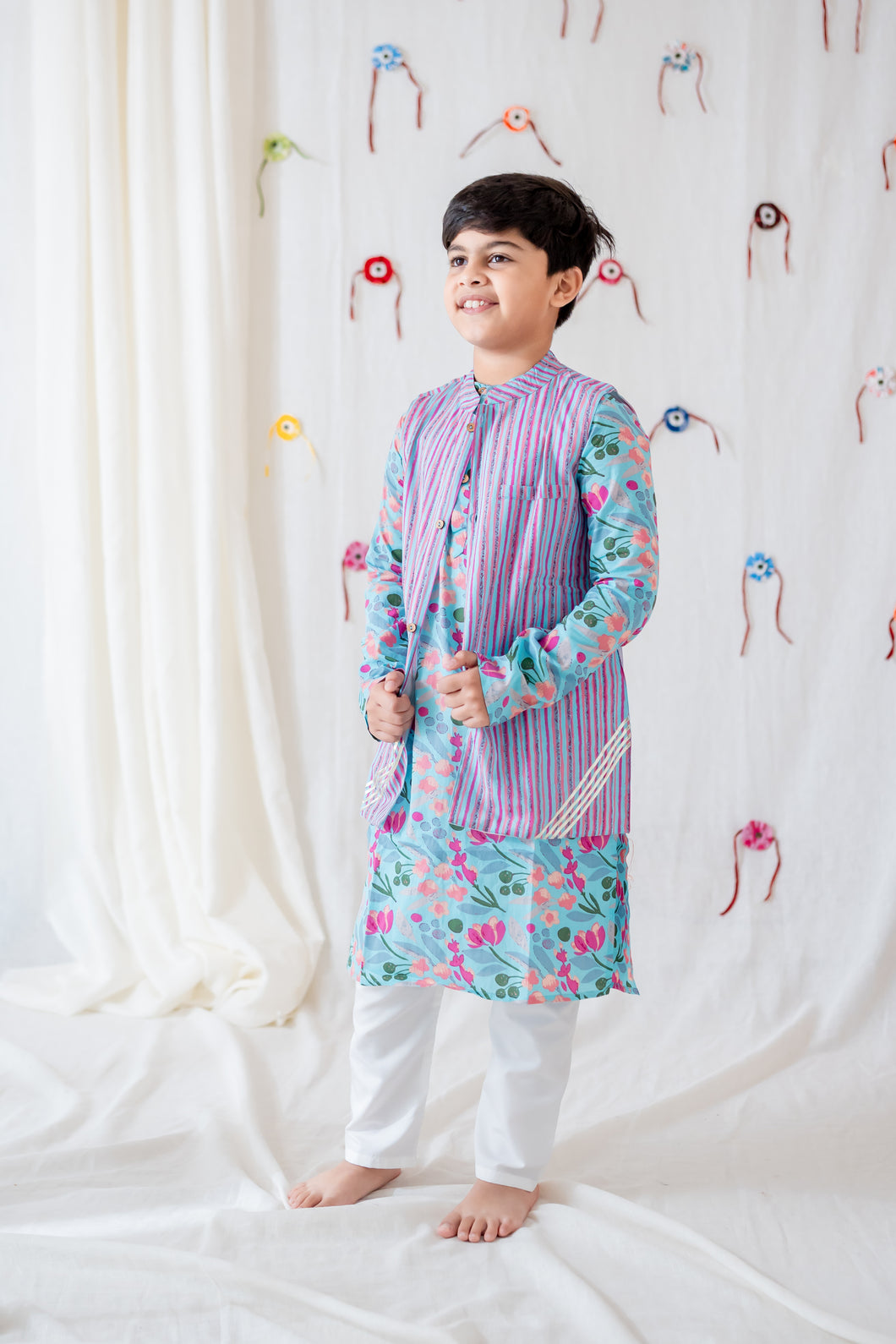 Klingaru Long Kurta Pajama Jacket Set - Phirozi Floral (6 Months to 10 Years)