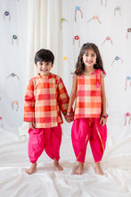 Load image into Gallery viewer, Klingaru Sibling Set - Pink Checks in Tussar Silk PREORDER
