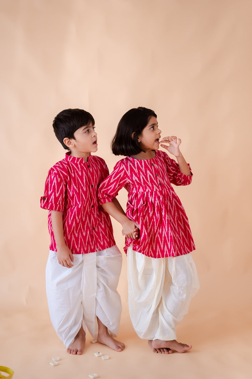 Klingaru Girl Dhoti Set - Pink with Offwhite Ikat
