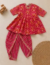 Charger l'image dans la galerie, Girl wearing pink printed frock style kurta with matching dhoti pants and gold detailing
