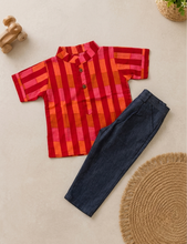 Load image into Gallery viewer, Red Checks Cotton Kurta Shirt with Dark Blue Denim Pants for Boys
