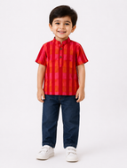 Red Checks Cotton Kurta Shirt with Dark Blue Denim Pants for Boys