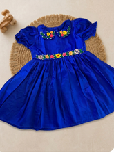 Load image into Gallery viewer, Royal Blue Embroidered Cotton Frock for Girls | Floral Collar Party Dress
