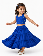 Royal blue cotton halter neck lehenga set for girls with embroidered blouse and ankle-length tiered skirt.