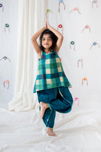 Load image into Gallery viewer, Klingaru Girl Dhoti Set - Green checks with Teal Dhoti ( PREORDER)
