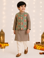 Boy wearing green printed long kurta with bird print Nehru jacket and off-white pajama pants