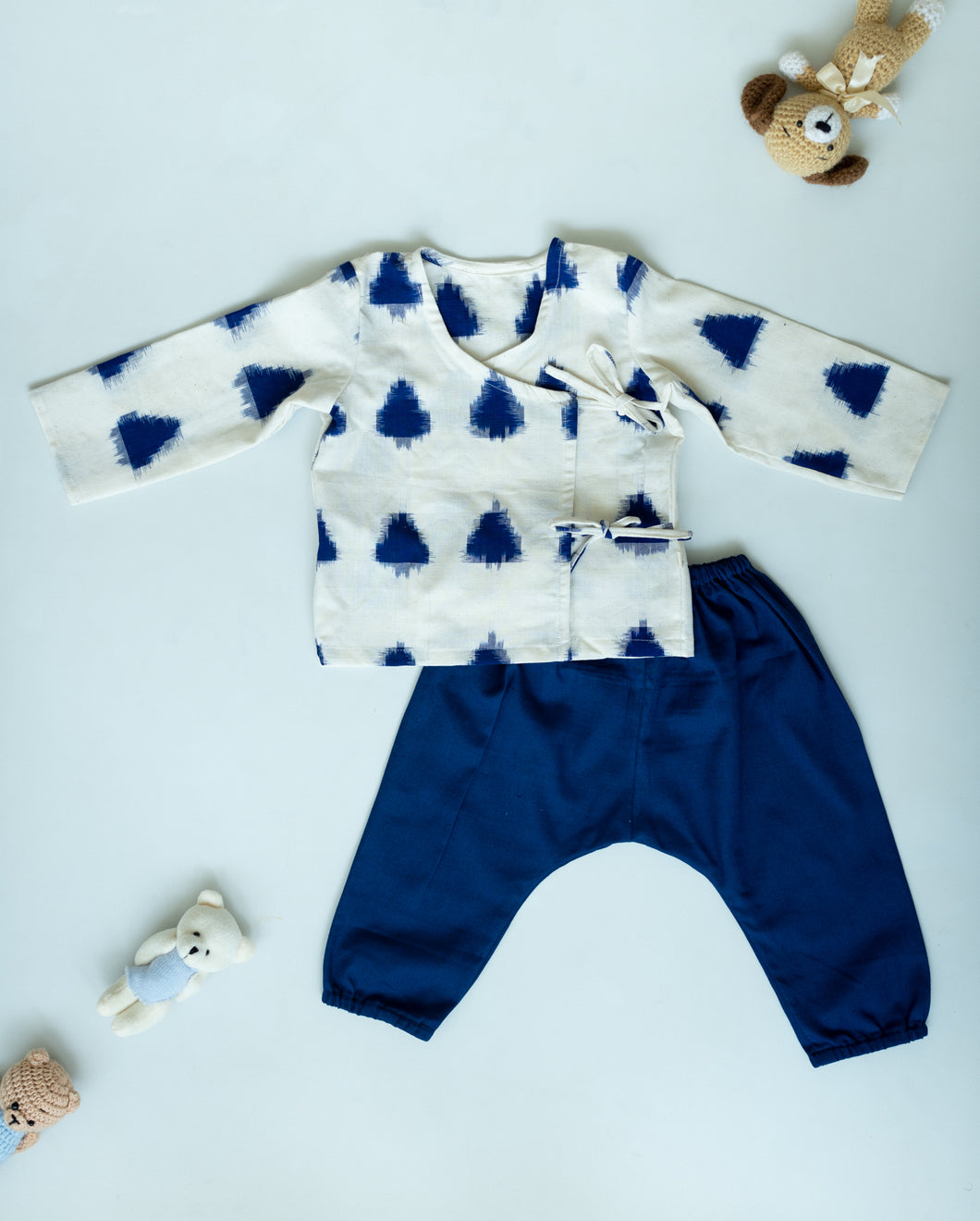 Unisex Newborn Jhabla Set - Offwhite Double Ikat with Blue pant (3-6 Months)