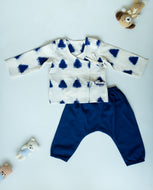 Unisex Newborn Full Sleeves Jhabla Set - Offwhite Double Ikat with Blue pant