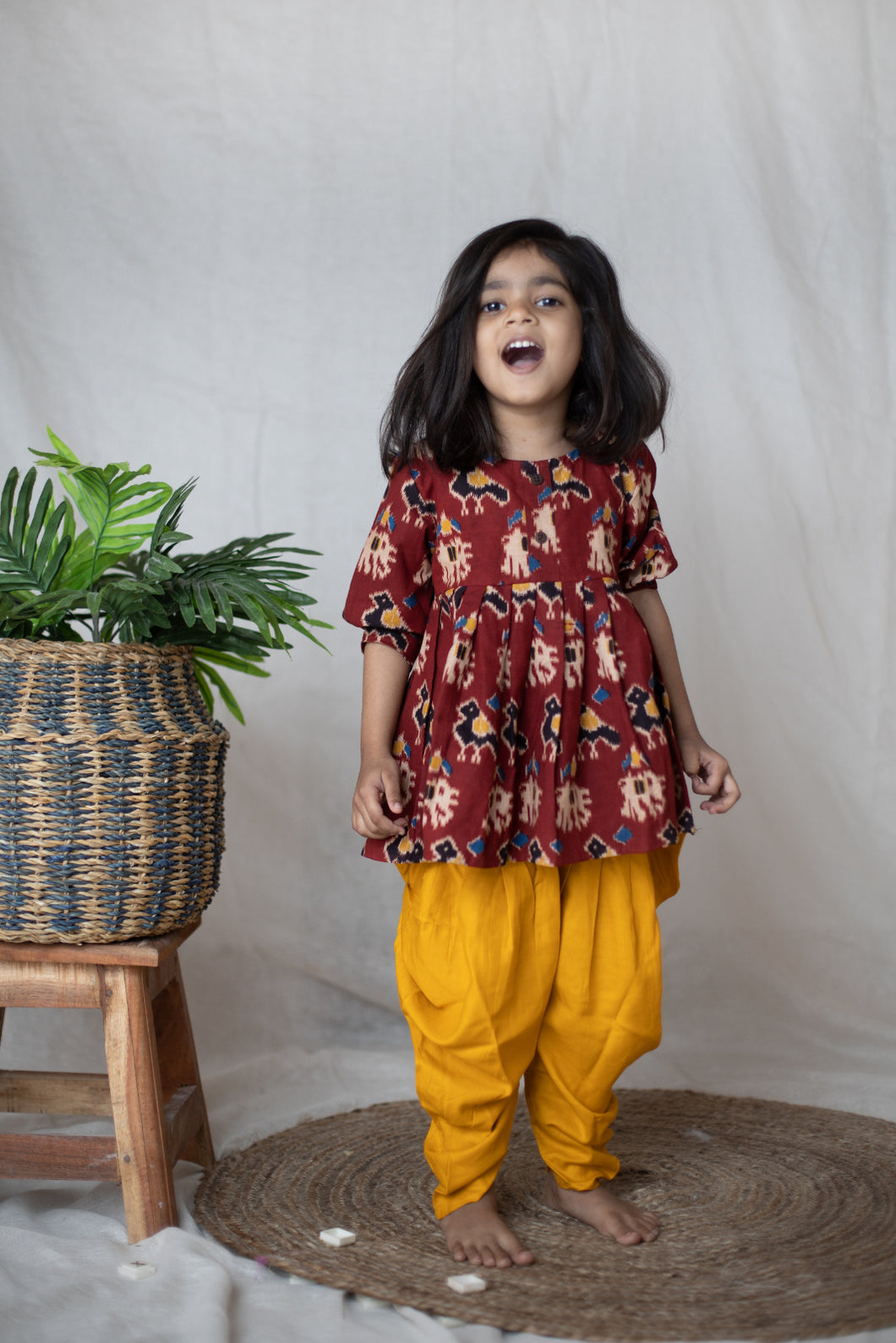 Girls Yellow Bandhani Printed Angrakha Pure Cotton Kurti with Dhoti Pants -  Saka Designs - 3905150