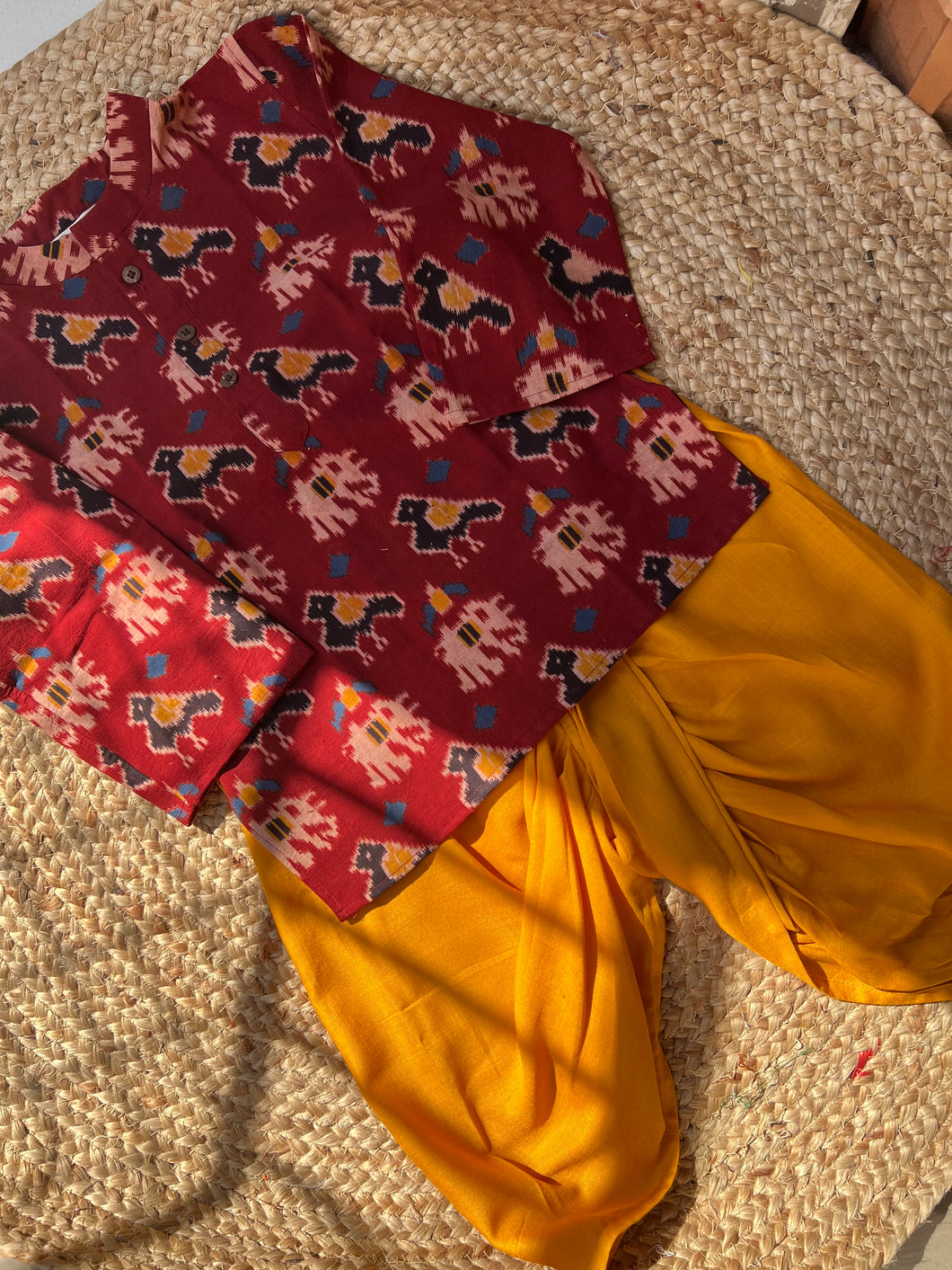 Klingaru Boys Set - Maroon Patola Kurta with Mustard Dhoti