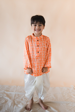 Load image into Gallery viewer, Klingaru Boys Set - Peach Orange Modal Silk with Satin Dhoti
