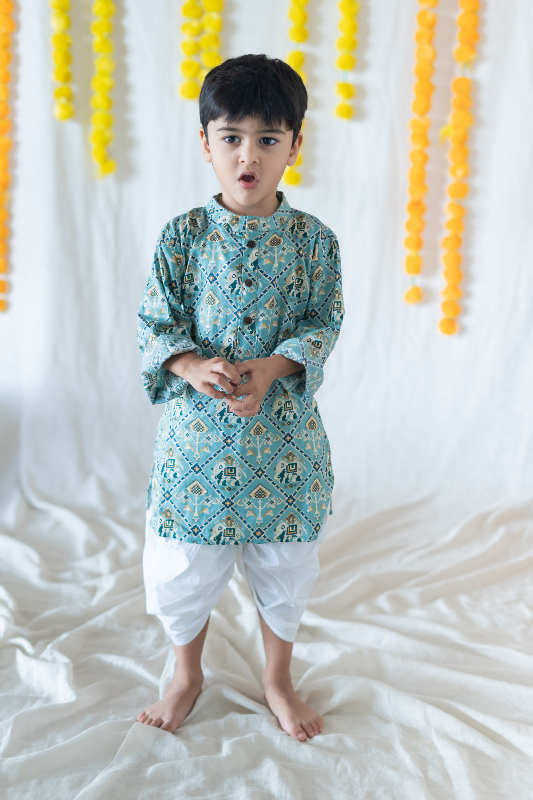 Klingaru Long Kurta - Sea Blue Patola Glaze Cotton
