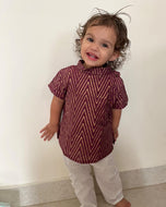 Klingaru Short Kurta - Festive Wine with Handblock Golden Zig Zag