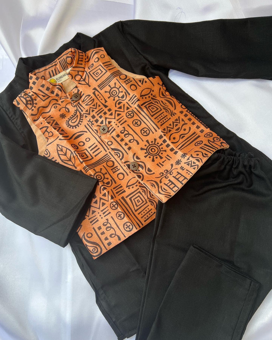 Klingaru Long Kurta Pajama Jacket Set- Black with Peach Jacket