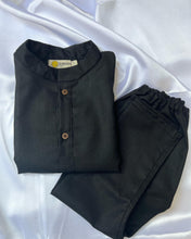 Load image into Gallery viewer, Klingaru Long Kurta Pajama Jacket Set- Black with Peach Jacket
